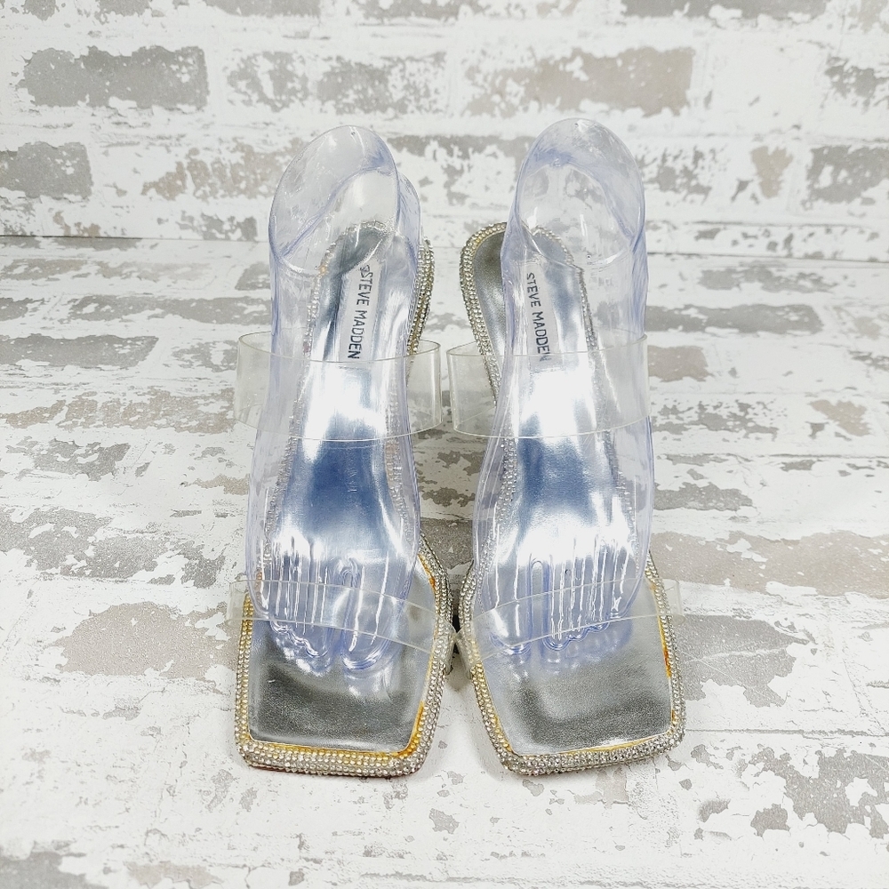 New Steve Madden Pending Embellished Clear Strap Stiletto Sandals C366 - Picture 3 of 14